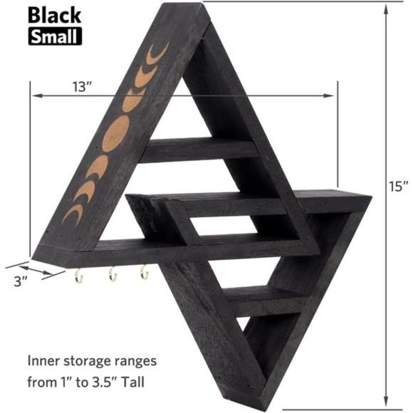 Moon Phase Triangle Shelf with Hooks - Rustic Moon Shelf for Crystals- Black - Picture 4 of 7